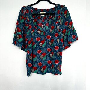 Anthropologie Mave Floral Shirt - Green with Red Floral Patterns, Size Small